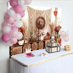 Lofaris Valentine’s Day Backdrop Boho Rustic Wooden Crates Macrame Pink Rose Garland
