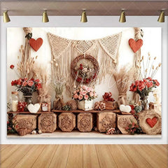 Lofaris Valentine’s Day Backdrop Boho Rustic Wooden Crates Macrame Pink Rose Garland
