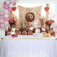 Lofaris Valentine’s Day Backdrop Boho Rustic Wooden Crates Macrame Pink Rose Garland