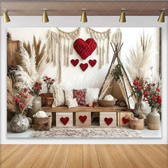 Lofaris Valentine’s Day Backdrop Boho Teepee Tent Red Heart Pampas Grass Decoration