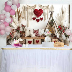 Lofaris Valentine’s Day Backdrop Boho Teepee Tent Red Heart Pampas Grass Decoration