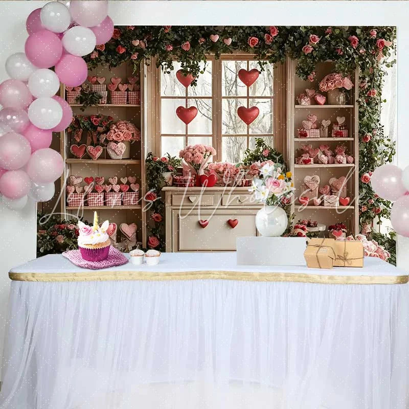Lofaris Valentine’s Day Backdrop Floating Red Hearts Gingham Gifts Floral Window