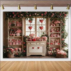 Lofaris Valentine’s Day Backdrop Floating Red Hearts Gingham Gifts Floral Window
