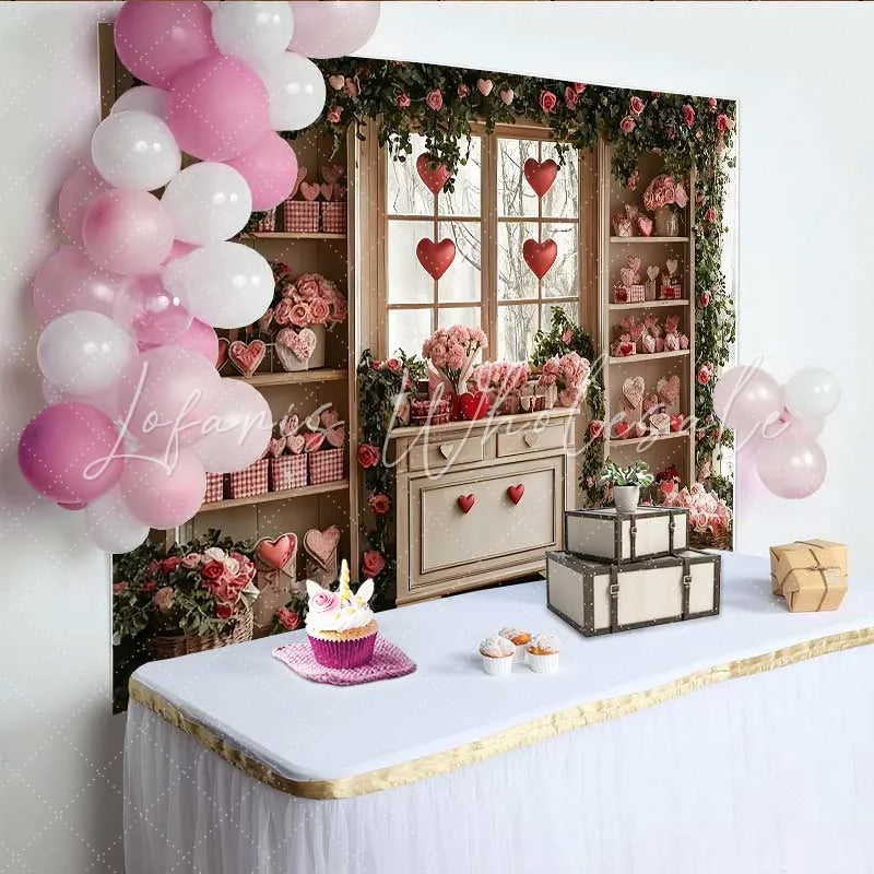 Lofaris Valentine’s Day Backdrop Floating Red Hearts Gingham Gifts Floral Window