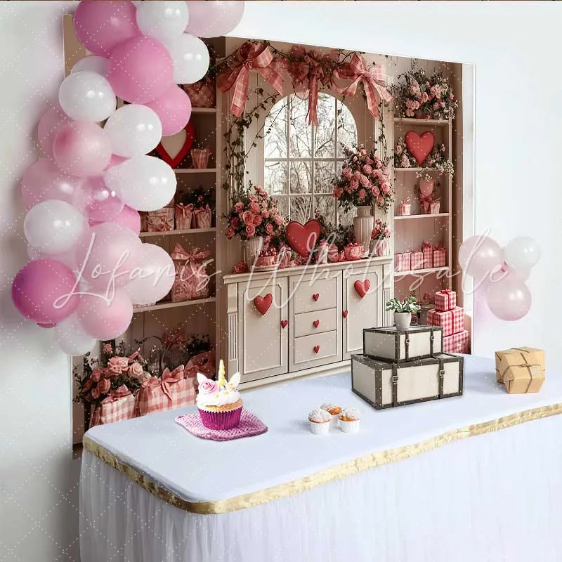 Lofaris Valentine’s Day Backdrop Pink Bows Red Hearts White Cabinet Floral Window