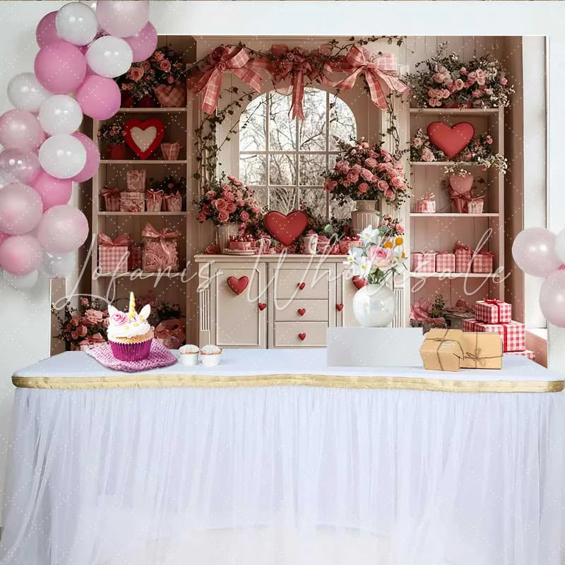 Lofaris Valentine’s Day Backdrop Pink Bows Red Hearts White Cabinet Floral Window