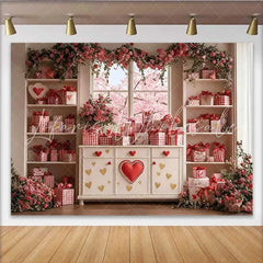 Lofaris Valentine’s Day Backdrop Pink Cherry Blossom Window Red Heart Cabinet Prop