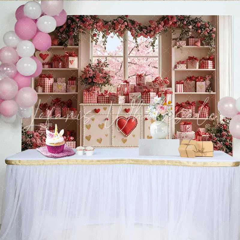Lofaris Valentine’s Day Backdrop Pink Cherry Blossom Window Red Heart Cabinet Prop