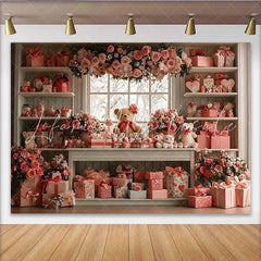 Lofaris Valentine’s Day Backdrop Pink Floral Teddy Bear Window Gift Shop Decoration