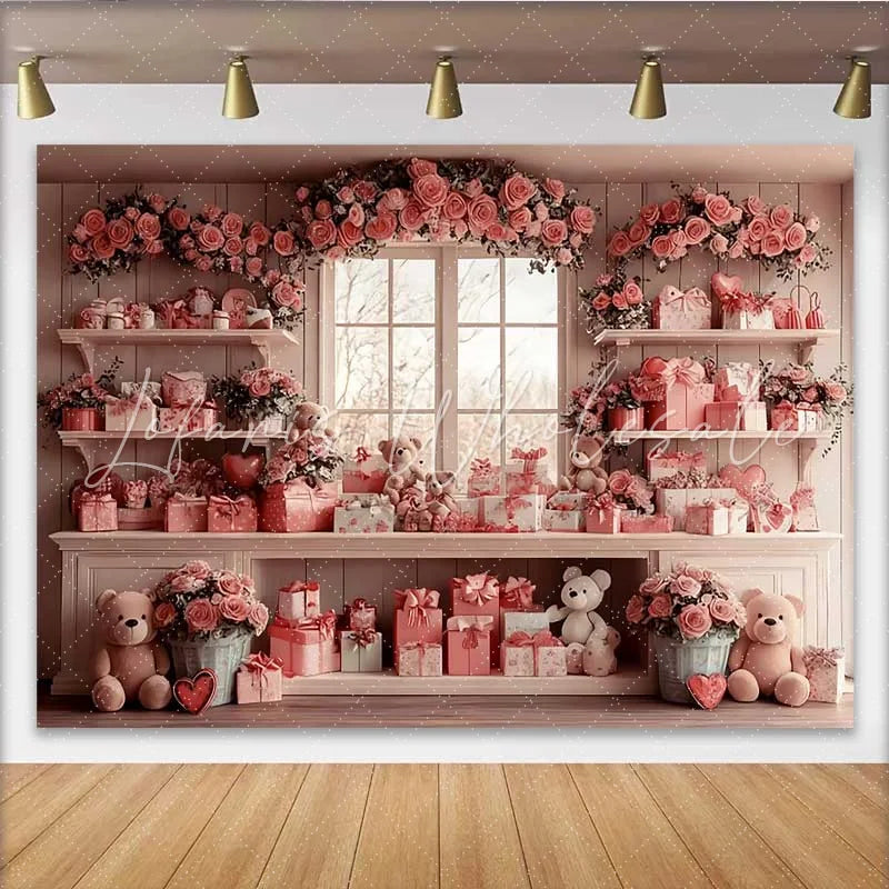 Lofaris Valentine’s Day Backdrop Pink Gift Boxes Teddy Bear Floral Window Room Set