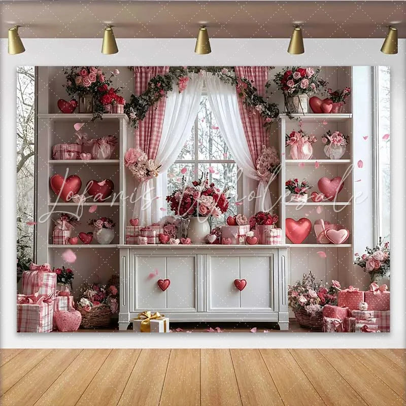 Lofaris Valentine’s Day Backdrop Pink Gingham Curtain Floating Hearts Floral Room