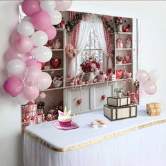 Lofaris Valentine’s Day Backdrop Pink Gingham Curtain Floating Hearts Floral Room