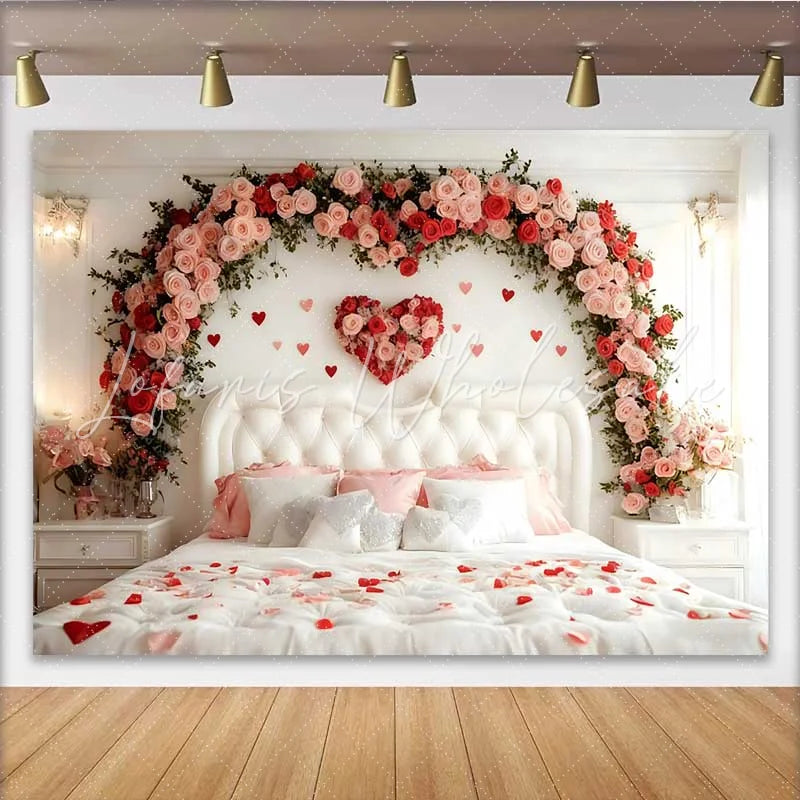 Lofaris Valentine’s Day Backdrop Pink Rose Floral Arch Bedroom White Headboard Decor