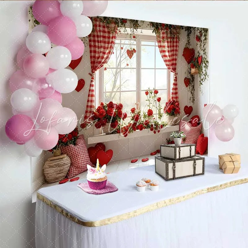 Lofaris Valentine’s Day Backdrop Red Gingham Curtain Red Roses Window Seat Decor