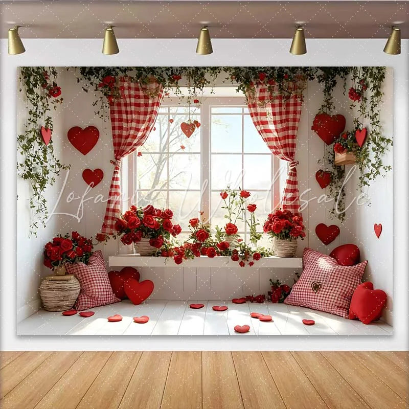 Lofaris Valentine’s Day Backdrop Red Gingham Curtain Red Roses Window Seat Decor