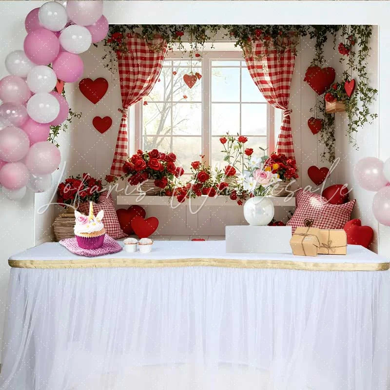 Lofaris Valentine’s Day Backdrop Red Gingham Curtain Red Roses Window Seat Decor