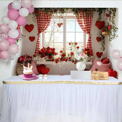 Lofaris Valentine’s Day Backdrop Red Gingham Curtain Red Roses Window Seat Decor