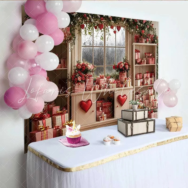Lofaris Valentine’s Day Backdrop Red Gingham Gifts Floral Window Love Heart Decor