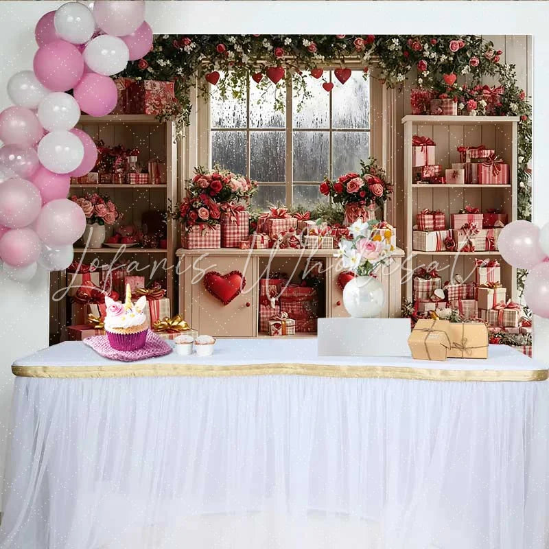 Lofaris Valentine’s Day Backdrop Red Gingham Gifts Floral Window Love Heart Decor