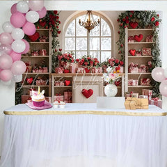 Lofaris Valentine’s Day Backdrop Red Hearts Roses Gingham Gifts White Cabinet Decor