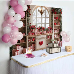 Lofaris Valentine’s Day Backdrop Red Hearts Roses Gingham Gifts White Cabinet Decor