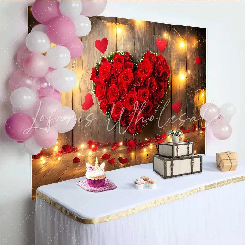 Lofaris Valentine’s Day Backdrop Red Rose Floral Heart String Lights Rustic Wood