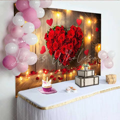 Lofaris Valentine’s Day Backdrop Red Rose Floral Heart String Lights Rustic Wood