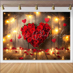 Lofaris Valentine’s Day Backdrop Red Rose Floral Heart String Lights Rustic Wood