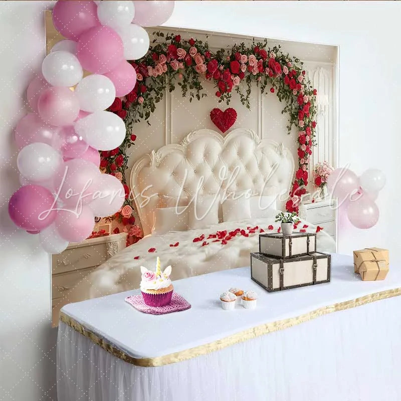 Lofaris Valentine’s Day Backdrop Red Rose Greenery Garland Bedroom Headboard Prop