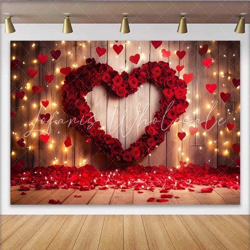 Lofaris Valentine’s Day Backdrop Red Rose Heart Hanging Hearts Rustic Wood Prop