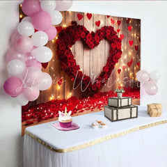Lofaris Valentine’s Day Backdrop Red Rose Heart Hanging Hearts Rustic Wood Prop