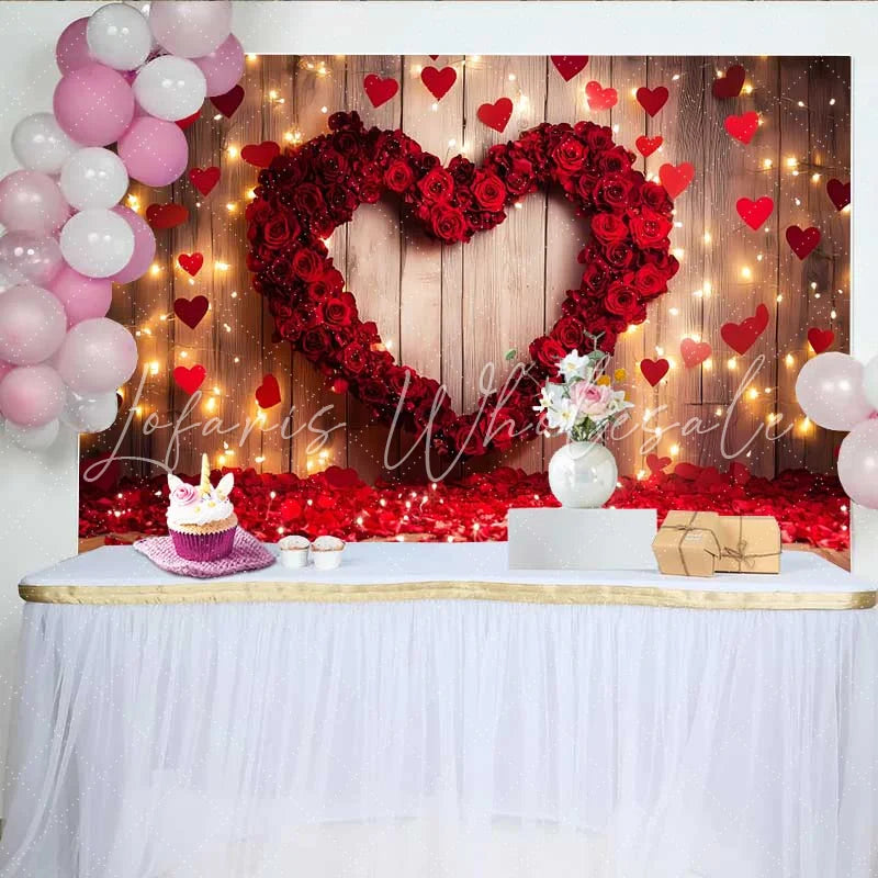 Lofaris Valentine’s Day Backdrop Red Rose Heart Hanging Hearts Rustic Wood Prop