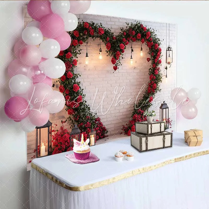 Lofaris Valentine’s Day Backdrop Rustic White Brick Wall Floral Heart Wreath Lanterns