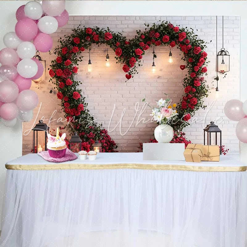 Lofaris Valentine’s Day Backdrop Rustic White Brick Wall Floral Heart Wreath Lanterns