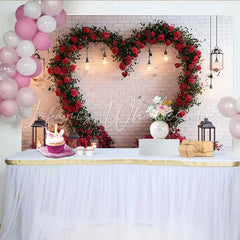 Lofaris Valentine’s Day Backdrop Rustic White Brick Wall Floral Heart Wreath Lanterns