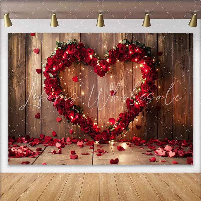 Lofaris Valentine’s Day Backdrop Rustic Wood Red Rose Heart String Lights Decor