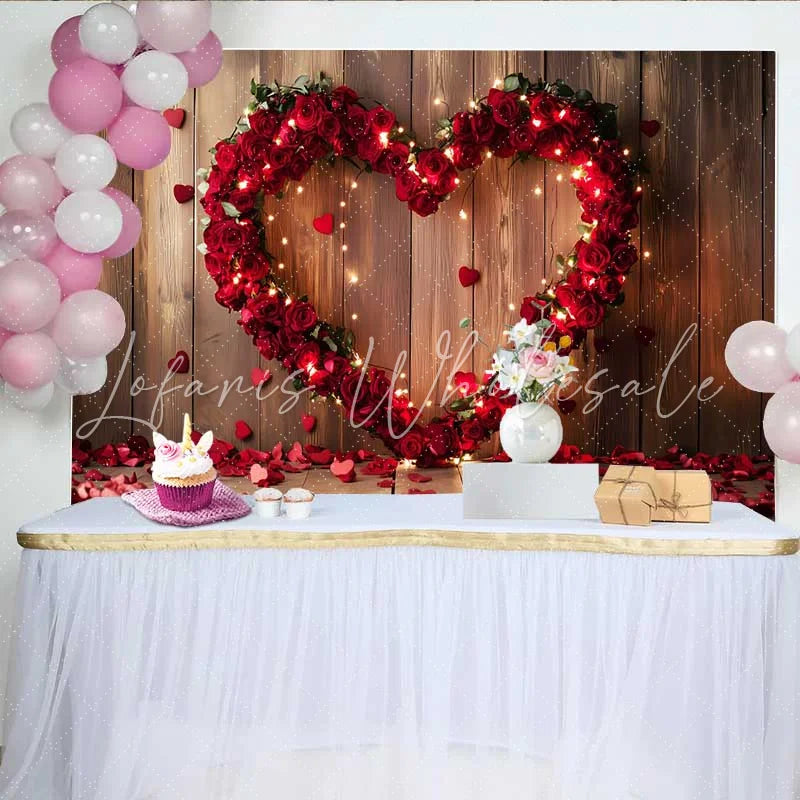Lofaris Valentine’s Day Backdrop Rustic Wood Red Rose Heart String Lights Decor