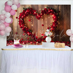 Lofaris Valentine’s Day Backdrop Rustic Wood Red Rose Heart String Lights Decor
