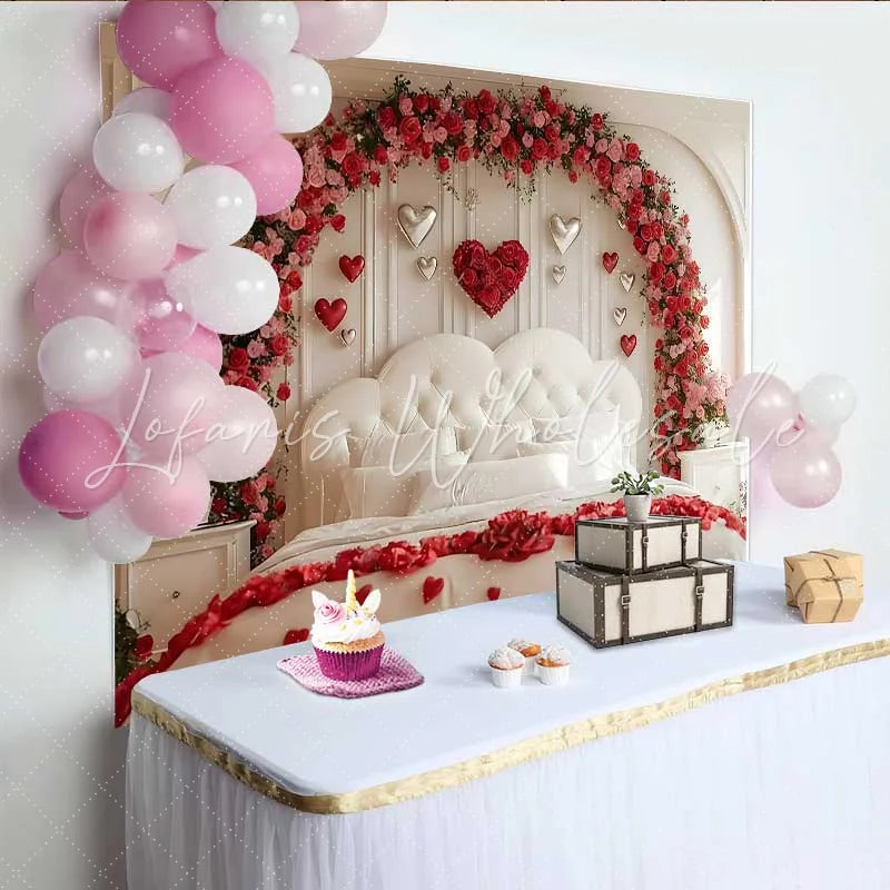 Lofaris Valentine’s Day Backdrop Silver Heart Balloons Floral Arch Bedroom Decoration