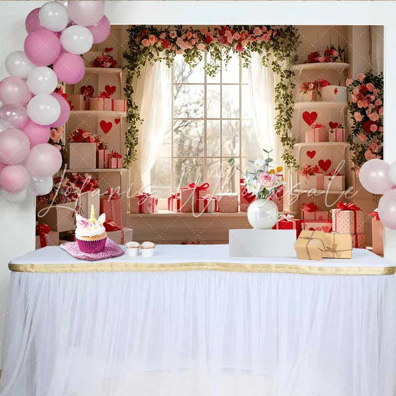 Lofaris Valentine’s Day Backdrop White and Red Heart Gift Boxes Floral Window Prop