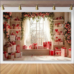 Lofaris Valentine’s Day Backdrop White and Red Heart Gift Boxes Floral Window Prop