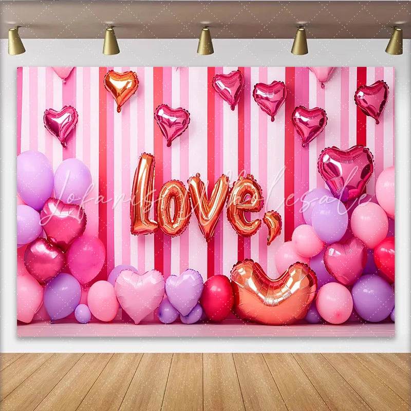 Lofaris Valentine’s Day LOVE Backdrop Pink Striped Balloon Cluster Romantic Photography Background