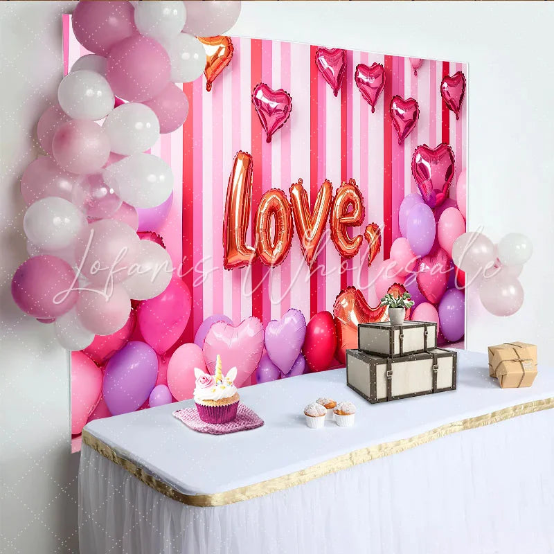 Lofaris Valentine’s Day LOVE Backdrop Pink Striped Balloon Cluster Romantic Photography Background
