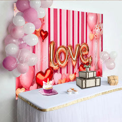 Lofaris Valentine’s Day LOVE Backdrop Pink Striped Heart Balloons Romantic Photography Background