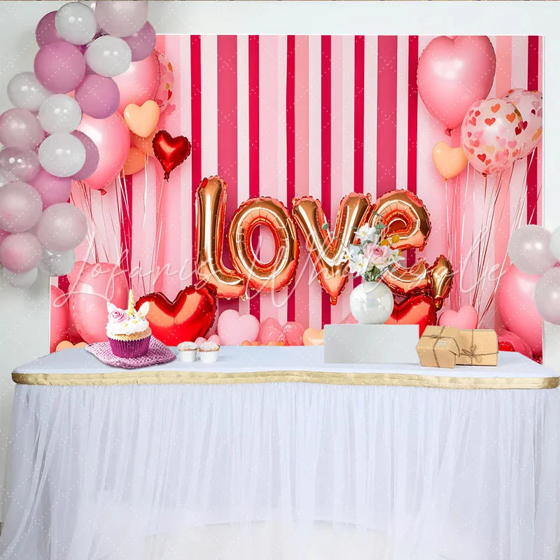 Lofaris Valentine’s Day LOVE Backdrop Pink Striped Heart Balloons Romantic Photography Background