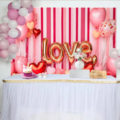 Lofaris Valentine’s Day LOVE Backdrop Pink Striped Heart Balloons Romantic Photography Background