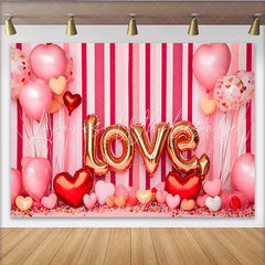 Lofaris Valentine’s Day LOVE Backdrop Pink Striped Heart Balloons Romantic Photography Background