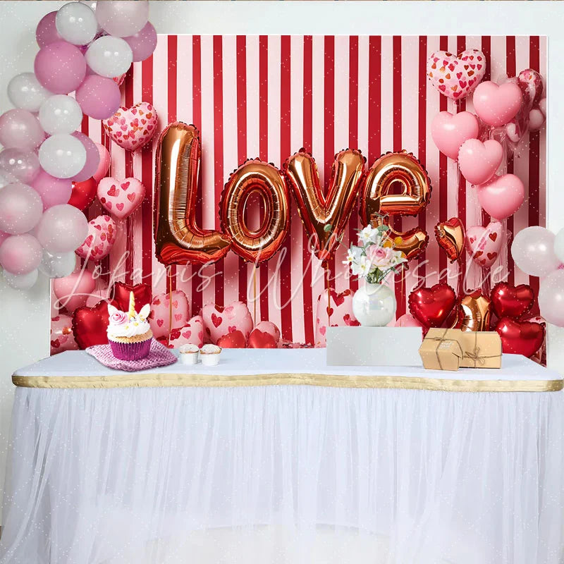 Lofaris Valentine’s Day LOVE Backdrop Red and White Striped Heart Balloons Photography Background