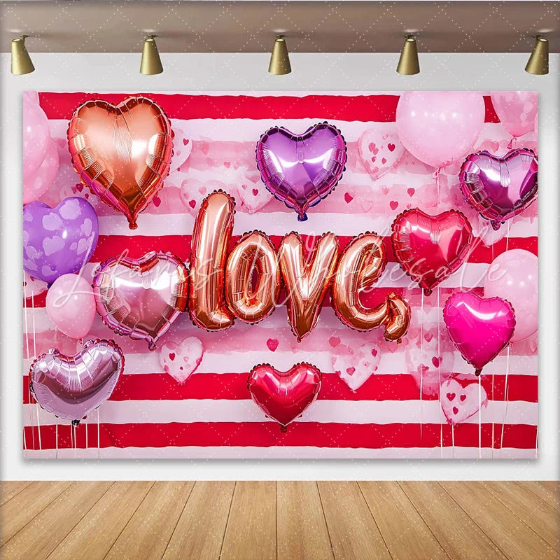 Lofaris Valentine’s Day LOVE Backdrop Red Horizontal Striped Heart Balloons Party Background
