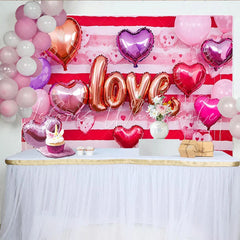 Lofaris Valentine’s Day LOVE Backdrop Red Horizontal Striped Heart Balloons Party Background